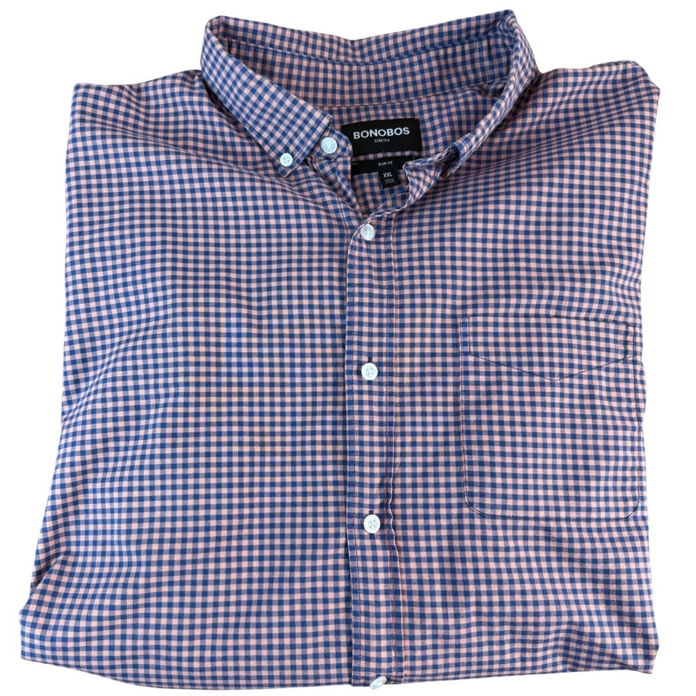 BONOBOS Stretch‎ Slim Fit Gingham Button Down Shirt Men's XXL Blue Pink